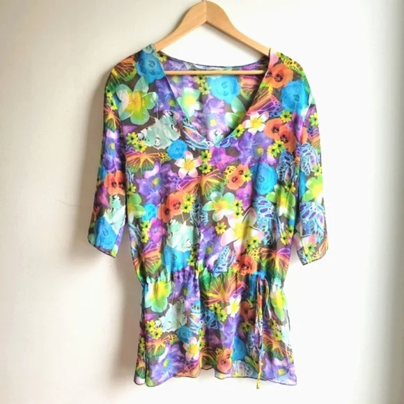 La Vie en Rose Aqua Floral Beach Coverup  Medium - Picture 4 of 11